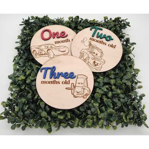 Car Cartoon Theme Baby Milestone Discs | Wooden Baby Milestones for Boy | Laser Engraved Monthly Photo Props | Baby Shower Gift