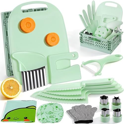 17 PCS Montessori Kitchen Toys for Toddlers, Safe Kids Knife Set for Real Cooking, Toddler Kitchen Utensils with Apron, Sleeves & Storage Basket, Educational Gift for Boys Girls Ages 2+