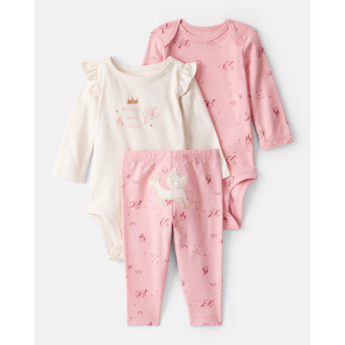 Baby Girl 3-Piece Unicorn Star Print Cotton Long-Sleeve Bodysuit & Pant Set - Pink/White - Carter's | Carter's