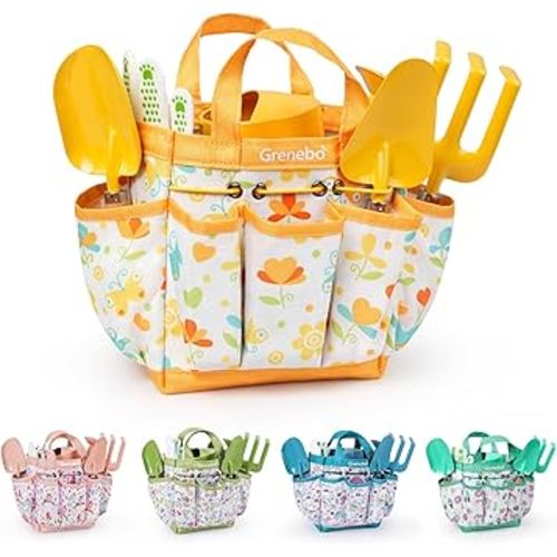 Kids Gardening Set Toys,Includes Metal Trowel,Transplanting Shovel,Garden hat,Rake,Apron,Gloves,Watering Can,and Tool Organizer Bag (Yellow)