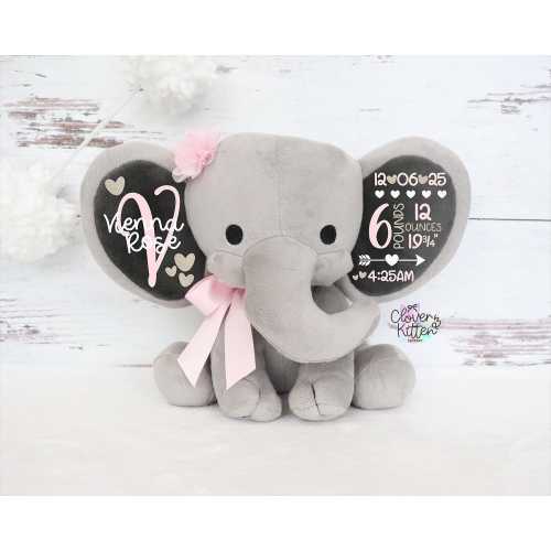 Girls Birth Stat Elephant, Personalized Elephant, Baby Girl Keepsake Gift, Baby Shower Gift, Elephant Plush, New Arrival, Birth Announcement