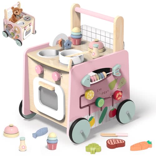 Wooden Baby Walker 9-in-1 Activity Center with Toddlers Montessori Sensory Toys and Play Kitchen Push Walker for Kids with Wheels and Storage Space, Ideal Gift for Girls Boys Ages 6-36 Month