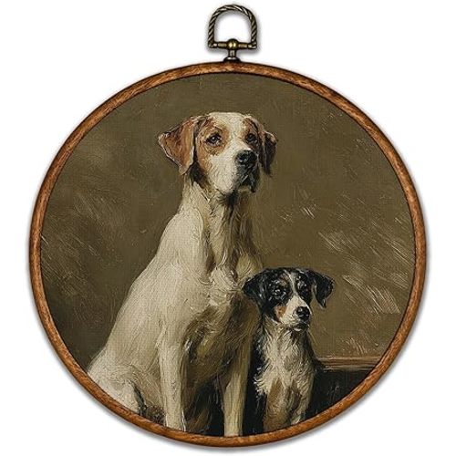 BCUANGD Retro Dog Round Wall Art Decor - Vintage Antique Pet Wall Art Canvas Frame Artwork Prints, Rustic Cottagecore Nature Round Wall Hanging Decorations for Home Gallery, 10"x10"
