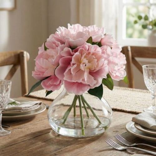 Fake Flowers with Vase, Pink Peonies Artificial Flowers in Vase, Faux Flower Plant Arrangement Suitable for Home Office Decoration