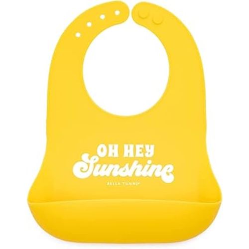 Baby Bib for Eating by Bella Tunno, Waterproof Silicone Bib with Large Food Catcher, Adjustable Fit for Babies 4-12 months & Toddlers 1-3 Years, Boys & Girls, Oh Hey Sunshine