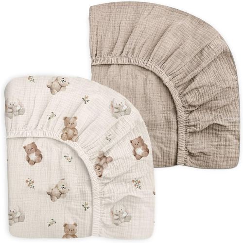 Mini Crib Sheets for Baby Boy Girl 2 Pack, Neutral Mini Crib Mattress Sheet 24" x 38", Muslin Nursery Bedding Soft and Breathable Comfort (Teddy & Friends)