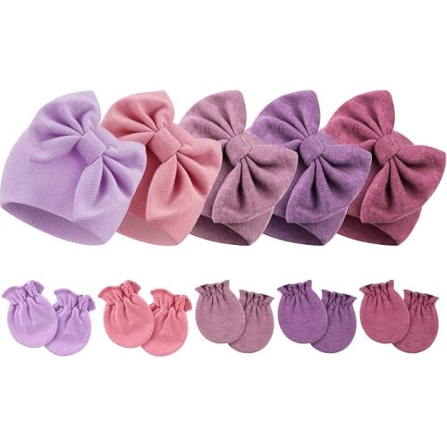 BQUBO Newborn Baby Girls Hats Mittens Set Hospital Hat Beanie Infant Bow Hats Baby Cotton Gloves for 0-6 Months