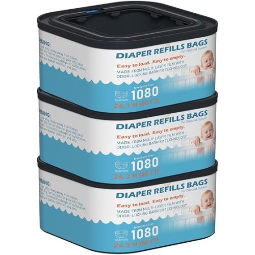 Jumbo+ Square Refills Disposal Bags Refill Compatible with Diaper Genie Classic, Compact, Premier and Select Pails, Hold Up to 1080 Newborn-Sized Diapers Per Refill, 3 Pack