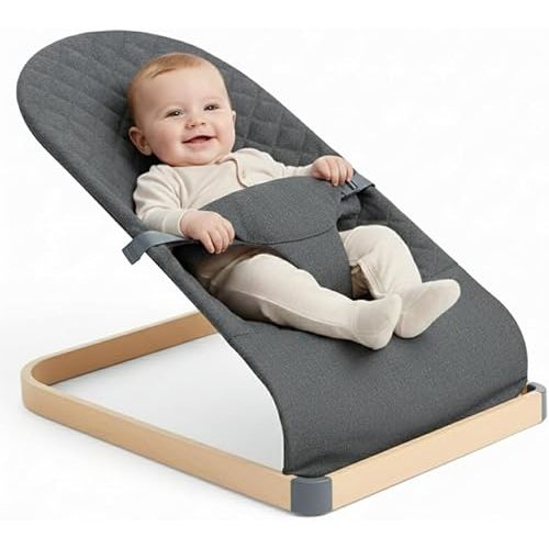 Baby Bouncer, Portable Infant Bouncer Seat with Soft Breathable Fabric, Contoured Supportive Rocker for 0-9 Months, Foldable Baby Swing Chair with 3-Point Harness for Indoor Outdoor, Grey