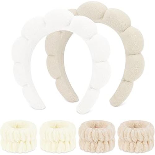 WHAVEL 6PCS Terry Cloth Spa Headband and Wristband Set, Makeup Puffy Sponge Face Wash Headband Hair Band Wrist Towels for Washing Face Women Girls (Beige, Light Coffee)