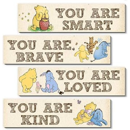 BirtDerr Winnie Room Decor- the Pooh Sign-Wooden Baby Stuff-Vintage Nursery Decor-4PCS Wall Decor Wall Art(Classic)-You Are Kind Brave