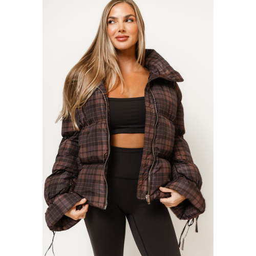 Rory Cropped Plaid Puffer Jacket in Dark Brown