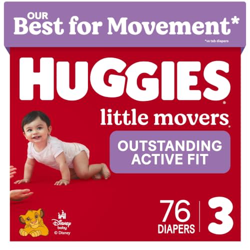 Huggies Little Movers Diapers Size 3, 76 Count | Double Grip Strips, Blowout Protection, Secure Flexible Fit, Up to 12-Hour Protection, Dry Touch Liner, Wetness Indicator