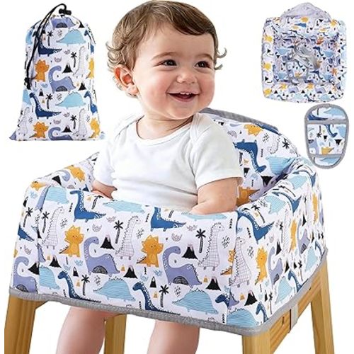 High Chair Cover Portable with 3-Point Harness, Waterproof Baby Seat Cover for Restaurant Travel Home Use, Machine Washable, Fits Wooden Chairs (Colorful Dinosaurs)