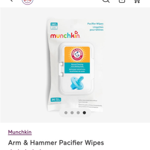 Munchkin Arm & Hammer Pacifier Wipes - Safely Cleans Breast Pump Parts and Feeding Essentials for Baby and Toddler, 1 Pack, 36 Wipes