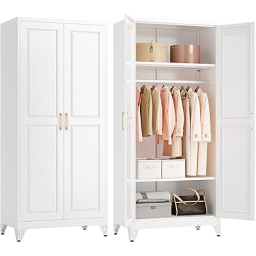 Polup Metal Armoire Wardrobe Closet with Doors and Shelves, 71" Tall Freestanding Wardrobe Cabinet for Hanging Clothes, Large Closet with Hanging Rod for Bedroom, Office, School, Employee, Gym, White