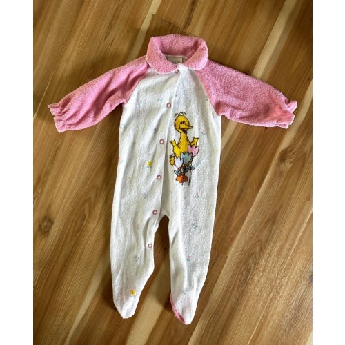 Vintage 6-9 months Sesame Street Big Bird Pink Terry Cloth Infant Romper