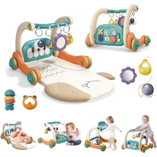 3 in 1 Baby Activity Gym Center, Tummy Time Play Mat Gym, Baby Push Walker, Kick and Play Piano with Music and Light, Sensory Toys for Newborn Babies Infants Toddlers Boys Girls