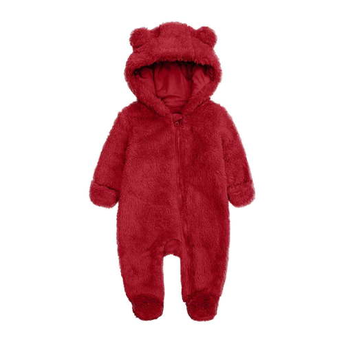 Riecok Baby Boy Girls Winter Warm Rompers Fleece Thick Jumpsuit Cute Bear Ears Hooded Solid Footed Sleepers Infant Onesies Red 3 Months
