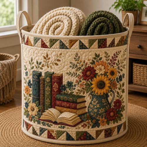 Book Floral Quilted Laundry Bag, Flower Book Lover Storage Bag, Reading Theme Organizer, Literary Gift Decor SRD-4XM52