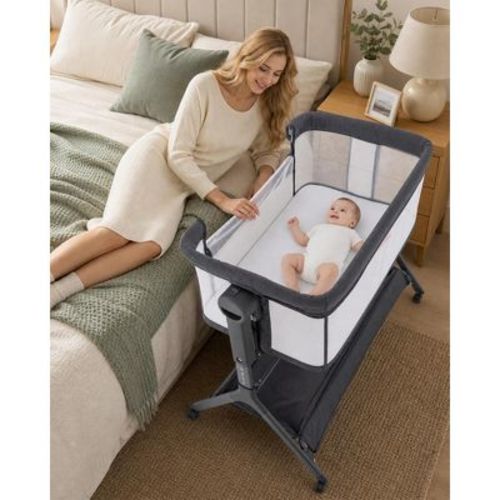 Height Adjustable Bedside Sleeper Bassinet with Storage Basket and Mattress, Gray