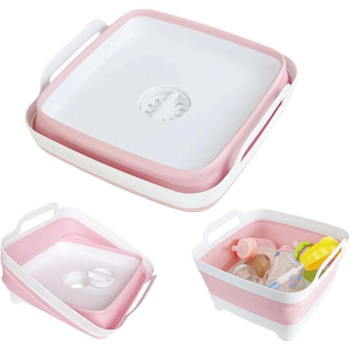PLERISE Collapsible Wash Basin for Baby Bottles – 2.4 Gallon Portable Foldable Sink Tub, Space-Saving Dish Pan for RV Camping & Travel (Pink)
