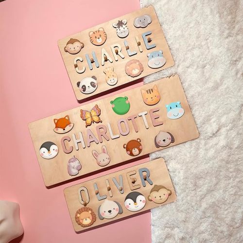 Name Puzzle for Kids Personalized Baby Gifts Wooden Easter Toys for Toddlers 1-3 with Pegs Engraved Text Greetings on Back Educational Toys for Baby Boy & Girl Learning Toys for 1 Year Old