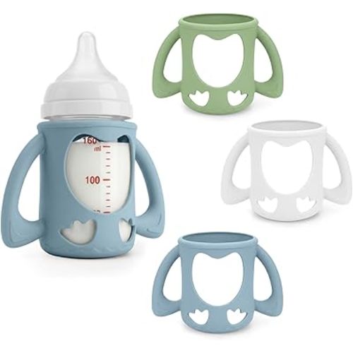 3 Pack Silicone Baby Bottle Handles for Pigeon Bottles 5.4oz, Food Grade Anti-Breakage Silicone Sleeve for Glass Bottle - Great Upgrade for Your Baby Bottle Sets (White+Green+Blue)