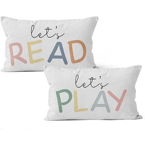 HIWX Kids Playroom Decor, Classroom Throw Pillows Cover,Let's Read Play Decorative 12 x 20 Throw Pillow Cover,Lets Play Read Kids Reading Corner Room Playroom Nursery Decor Set of 2 Pillowcase