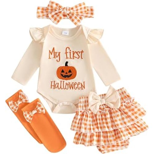 My First Halloween Baby Girl Outfit Pumpkin/Ghost Romper Ruffle Layered Skort Headband Socks Set Cute Clothes