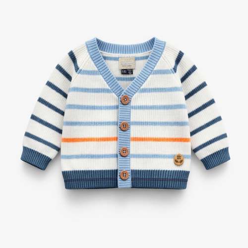 White knit cardigan with blue stripes, baby | Souris Mini - Souris Mini