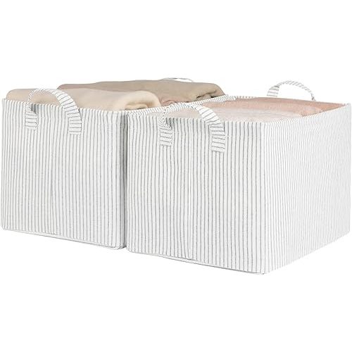 StorageWorks Storage Bins, Fabric Storage Bins for Shelves, Large Storage Baskets with Metal Frame, Closet Baskets and Bins with Handles, Gray and White Stripes, 2-Pack