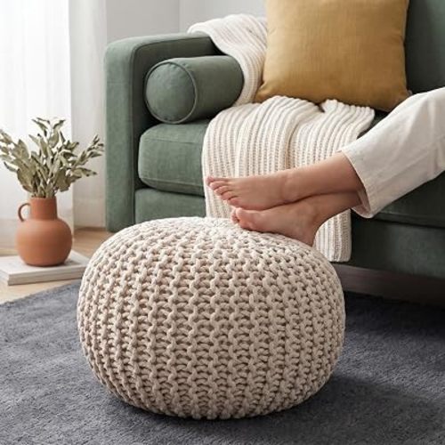 · REDEARTH · Round Pouf Ottoman - Hand Knitted Boho Poof Footrest - Natural