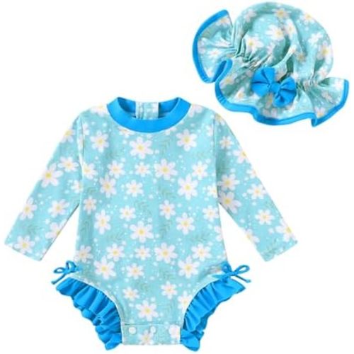 Infant Baby Swimsuit Girl Long Sleeve UPF 50+ Sun Protection One-Piece Rash Guard with Hat Zipper Bathing Suit
