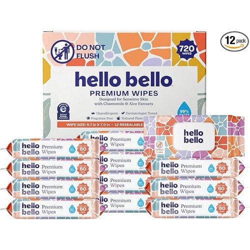 Hello Bello Premium Wipes, Designed for Sensitive Skin with Chamomile & Aloe Extracts, Flower Pop (12 Resealable Packets = 720 Total Wipes)