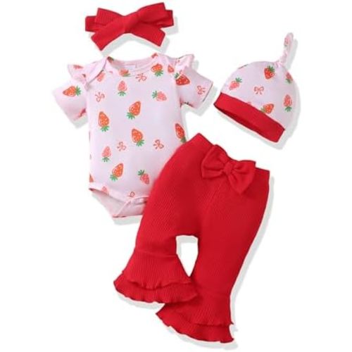 Renotemy Newborn Baby Girl Clothes Infant Romper Spring Summer Outfits Gifts Bell Bottoms Pant Sets for Girls Preemie-12Month