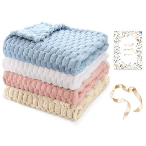 HOMRITAR 4 Pcs Baby Fuzzy Blanket 3D Jacquard Fluffy Blankets for Boy Girls, Soft Warm Cozy Flannel Fleece Warm Blanket Nursery, Stroller Toddler Bedding, 30 x 40 Inch (Blue, Cream, Pink, Khaki)