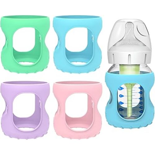 MORLIKE 4 Pack Silicone Sleeves Only Fit 5 oz/150 mL Dr. Brown's Wide Neck Glass Baby Bottle, 100% Silicone Covers Protect Baby Glass Bottle, Easy to Grip Bottle Holders for ‎WB53700-WEB ‎WB51700-P4