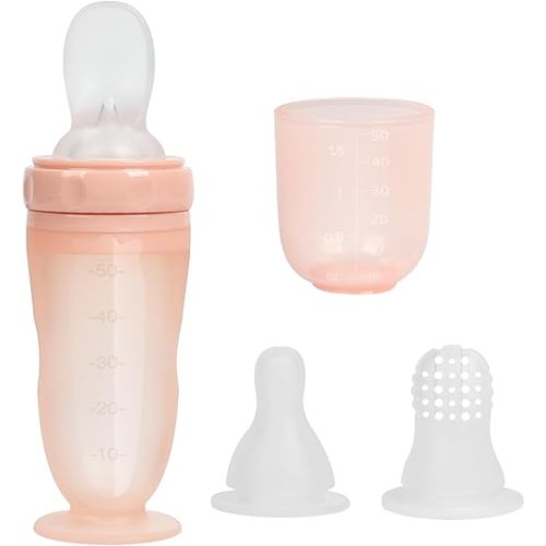 Baby Multifunctional Complementary Food Bottle, Silicone Milk Bottle 3-in-1, Including Dispensing Spoon, Regular Nipple and Fruit Puree Feeding Nipple, Auxiliary Weaning Bottle