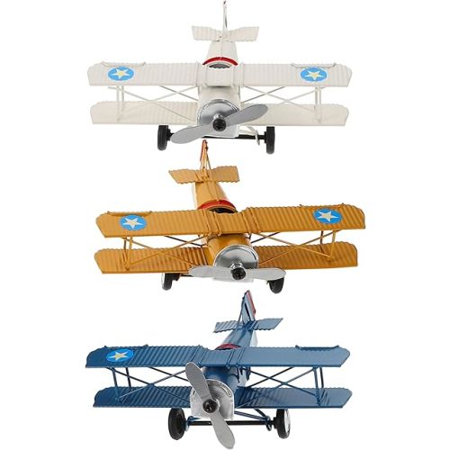 MAGICLULU Set of 3 Vintage Metal Airplane Decor, Handcrafted Iron Biplane Models, Retro Aircraft Desktop Ornaments for Office, Home, Bookshelf - Gift for Pilots & Aviation Fans (Blue, Yellow, White)