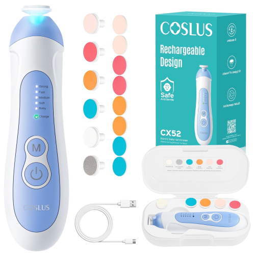 COSLUS CX52 Rechargeable Baby Nail Trimmer,Electric Nail File,5 Modes & 6 Grinding Heads for Infant Toddler Kid,Blue