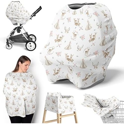 Sweet Jojo Designs Woodland Deer Floral Girl Infant Baby Car Seat Cover Nursing Breastfeeding Shopping Cart Stroller Canopy Blush Pink Mint Green Boho Watercolor Bohemian Forest Animal Shabby Chic