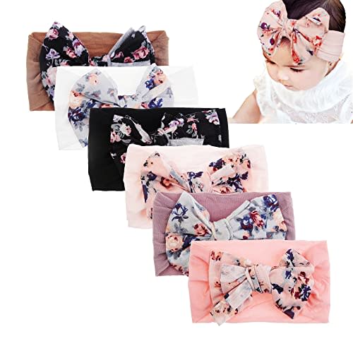 Nishine 6 Pack Cute Toddler Baby Girls Elastic Soft Nylon Headwraps Infant Knot Bow Headband Turban (Pink Set-6pcs)