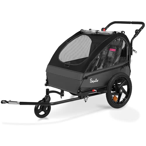 Sepnine Kids Bike Trailer, 2 in1 Canopy Carrier Converts to Stroller Suitable for 1 to 2 Kids, 12+ Months, Quick Attach to Bike, Foldable, with 5-Point Harness and Storage Bags