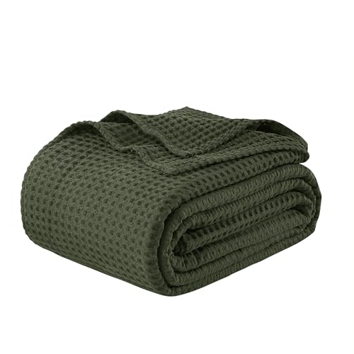 100% Egyptian Cotton Waffle Weave Throw Blanket for Couch, 320 GSM - Breathable and Soft for Spring Summer, Lightweight All Season Throw Blanket for Sofa, Office (50x60 Inches, Olive Green)