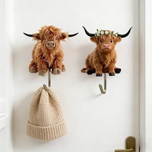 Amazon.com: 2PCS Highland Cow Acrylic Adhesive Hooks - Flat Fluffy Cow Decor Wall Hangers for Keys, Towels, Coats | Self-Stick No Drill Organizer for Entryway Bathroom Kitchen/GG-08 : Home & Kitchen