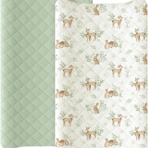 Konssy Waterproof Muslin Changing Pad Cover 2 Pack, Quilted Cotton Fitted Diaper Changing Table Cover, Soft Changing Pad Sheets for Girls Boys (Woodland, Sage)