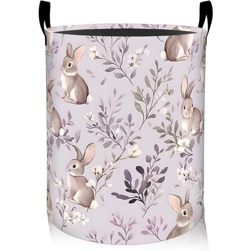 Rabbit Floral Laundry Basket, Oxford Cloth Pastel Cute Dirty Clothes Collapsible Hamper for Room Decor, Bunny and Flower Plant Print Gifts Toy Organizer 19.7*15.8 Inch for Bedroom Bathroom Dorm