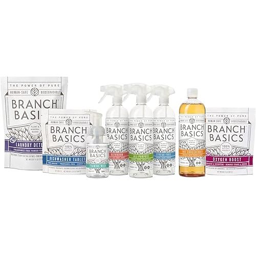 Branch Basics Ultimate Starter Kit: Natural All Purpose Cleaner, Glass, Bathroom, Foaming Hand Wash (4 Plastic Bottles + Concentrate + Oxygen Boost), Laundry Detergent, Plastic-Free Dishwasher Tablets