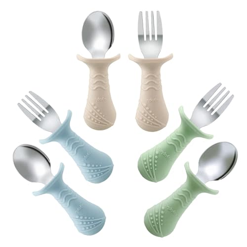 PandaEar Baby Toddler Fork and Spoon Utensil Set, 6 Pack Silicone Stainless Steel Silverware Spoon Fork for Babies Toddler, BPA Free with Silicone Holding Anti-Choke Design (Green Blue Brown)